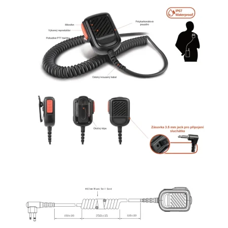 Vodotěsný externí mikrofon s reproduktorem RSM-350, zásuvka pro sluchátko 3.5 mm, IP67 pro CP Commercial/DP1400