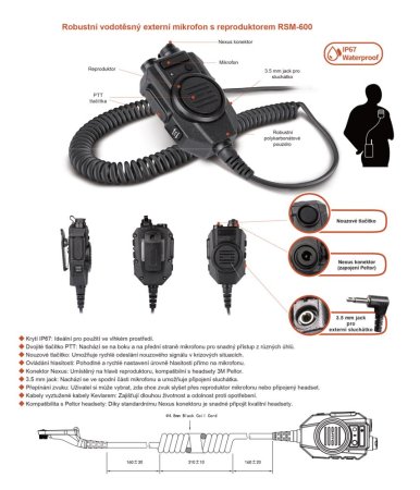 Externí mikrofon s reproduktorem/velké externí PTT, zásuvka pro sluchátko + Nexus, IP67 pro R7